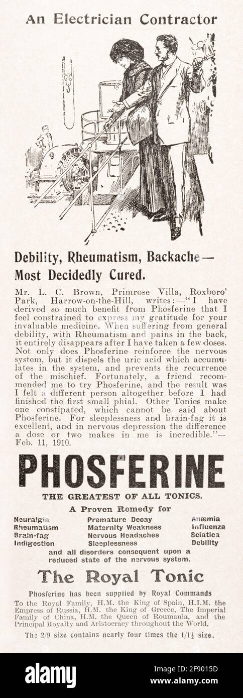 Vintage Edwardian Medizin Anzeige von 1912 für Phosferine - Pre-Werbung Standards. Geschichte der Werbung, medizinische Werbung, Schlangenöl. Stockfoto