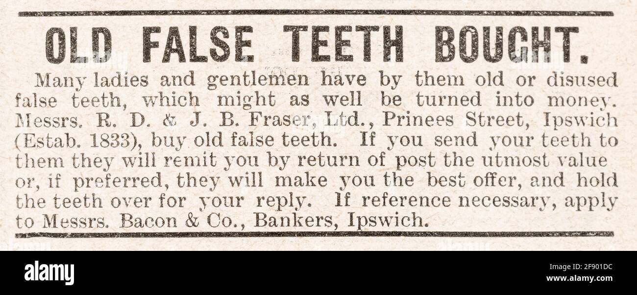 Alter Jahrgang False Teeth zahnärztliche Werbung von 1902 - Pre-Werbung Standards. Geschichte der medizinischen Werbung, alte Falschprothesenanzeigen, gefälschte Zähne. Stockfoto