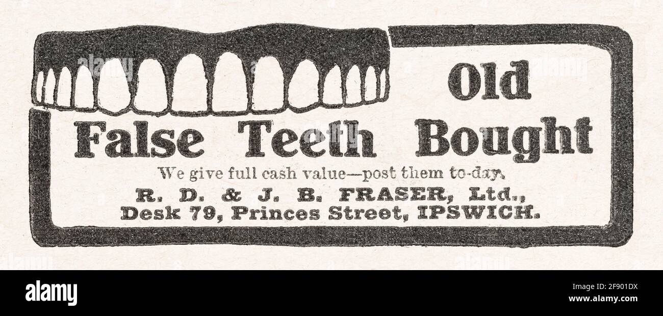 Alter Jahrgang False Teeth zahnärztliche Werbung von 1906 - Pre-Werbung Standards. Geschichte der medizinischen Werbung, alte Falschprothesenanzeigen, gefälschte Zähne. Stockfoto