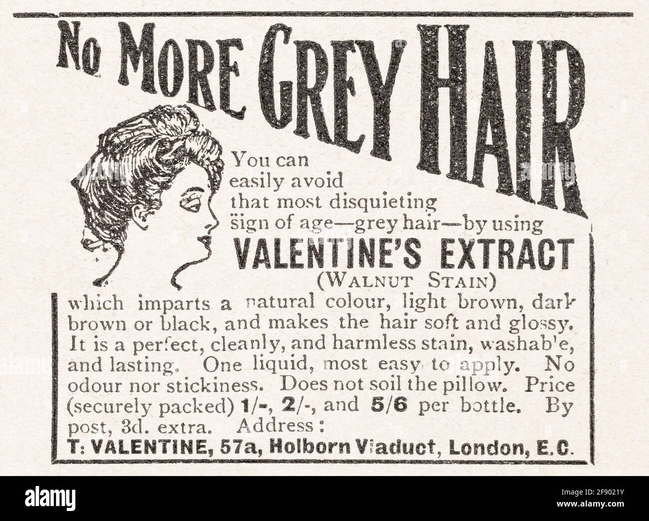 Alte Vintage Haarpflege / Haarpflege Werbung aus der Edwardian Times - 1911 - Zeit der Pre-Advertising Standards. Alte Haarwerbung, Geschichte der Werbung. Stockfoto