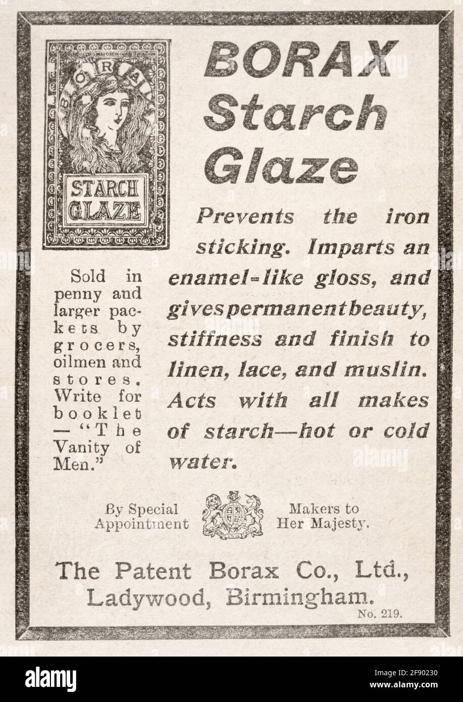 Vintage viktorianische Zeitschriftenwerbung für Wäschestärke aus dem Jahr 1901. Standards vor der Werbung. Für alte Wäschereichemikalien, viktorianisches Haushaltsleben. Stockfoto
