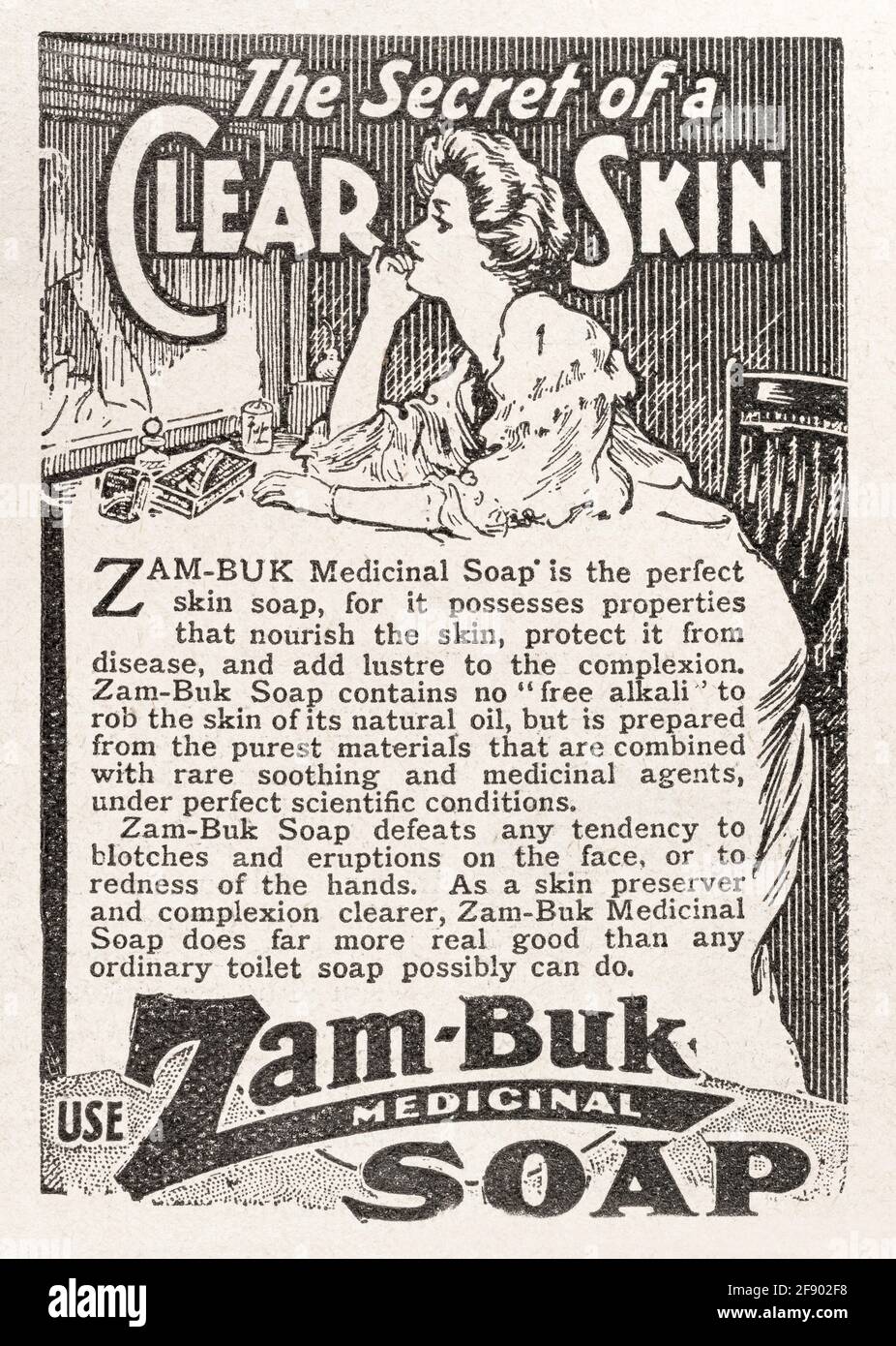 Werbung für alte edwardianische Zam Buk-Seife aus dem Jahr 1911 - Standards für die Vorwerbung. Alte Hautpflege-Werbung, Geschichte der Werbung. Stockfoto