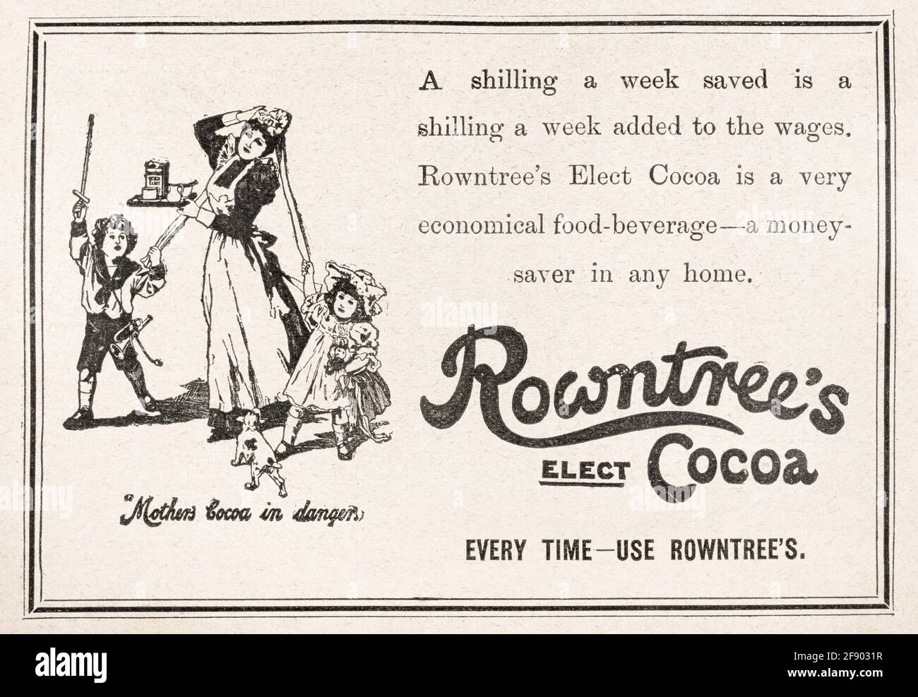 Der alte viktorianische Vintage-Werbespot von Rowntree's Chocolate aus dem Jahr 1902 wurde vor dem Beginn der Werbestandards gedruckt. Geschichte der Schokolade von Rowntree. Stockfoto