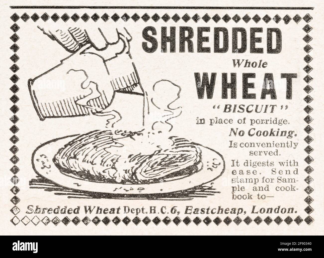 Alte Viktorianische Zeitungspapier Geschreddert Weizen Lebensmittel-Anzeige  Von 1902 - Pre-Werbung Standards. Werbung Für Altes Essen, Viktorianisches  Frühstückszerealien Stockfotografie - Alamy