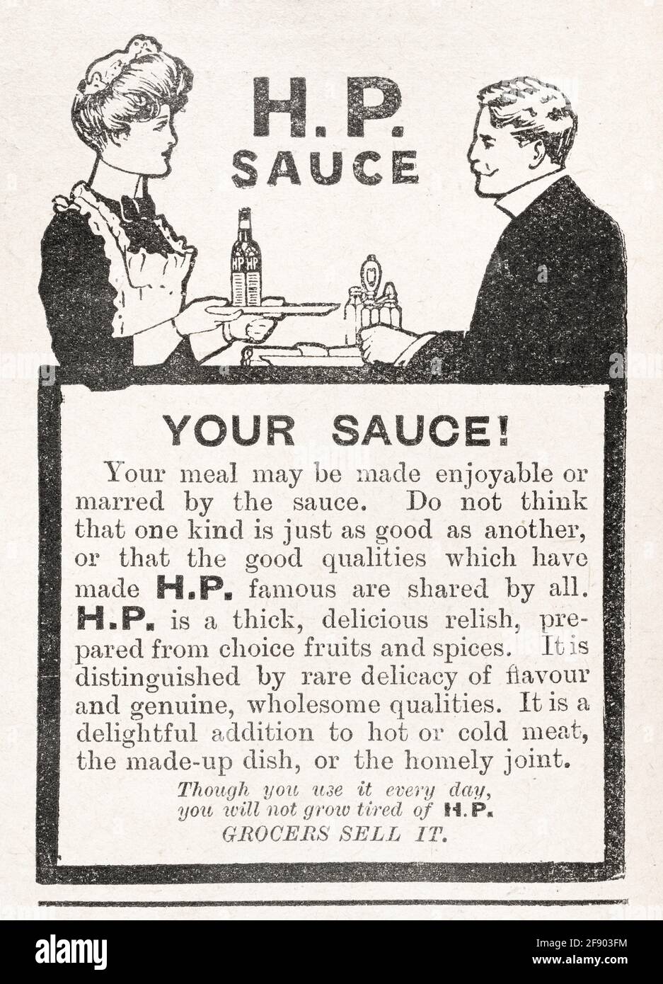 Werbung des alten viktorianischen Garton's HP Sauce Magazins aus dem Jahr 1906 – Standards für die Vorwerbung. Werbung für alte Lebensmittel, Werbung für alte Lebensmittelprodukte. Stockfoto