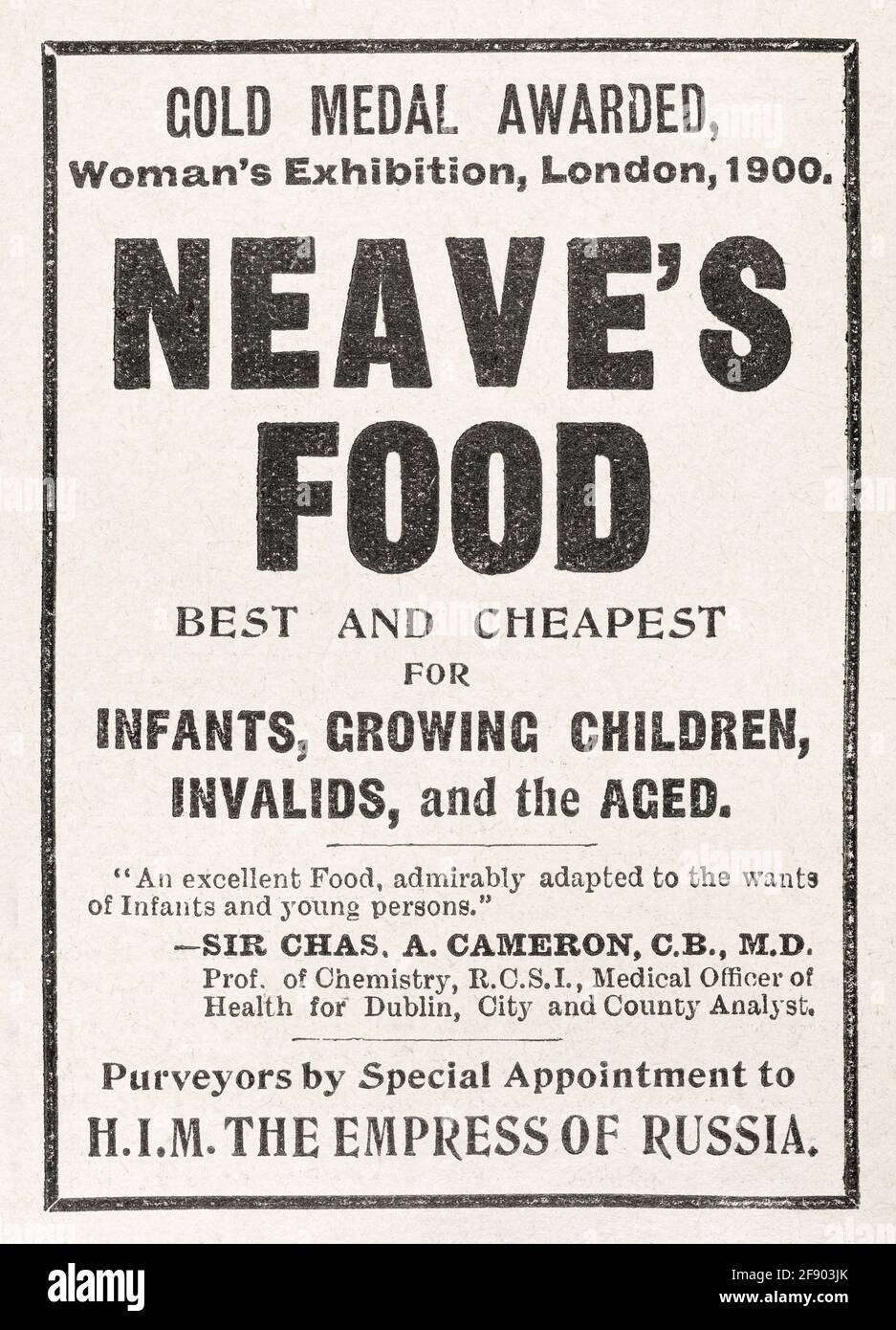 Old vintage Victorian Neave's Babyfood-Werbung von 1906 - Standards für die Vorwerbung. Alte viktorianische Lebensmittelwerbung, Geschichte der Werbung. Stockfoto