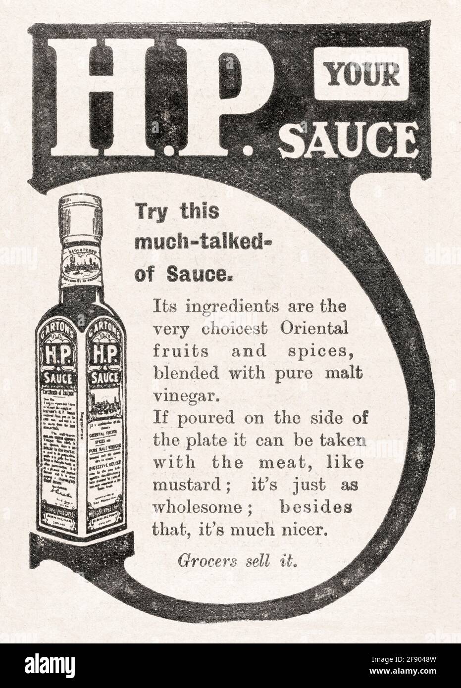 Werbung des alten viktorianischen Garton's HP Sauce Magazins aus dem Jahr 1907 – Standards für die Vorwerbung. Werbung für alte Lebensmittel, Werbung für alte Lebensmittelprodukte. Stockfoto