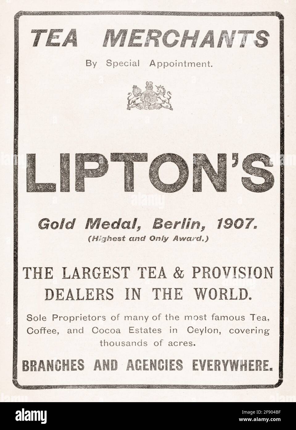 Alte viktorianische Zeitungspapier Lipton's Tea Anzeige von 1907 - Standards für die Vorwerbung. Werbung für alte Getränke, alte Teemarken, Teehandschaften Stockfoto