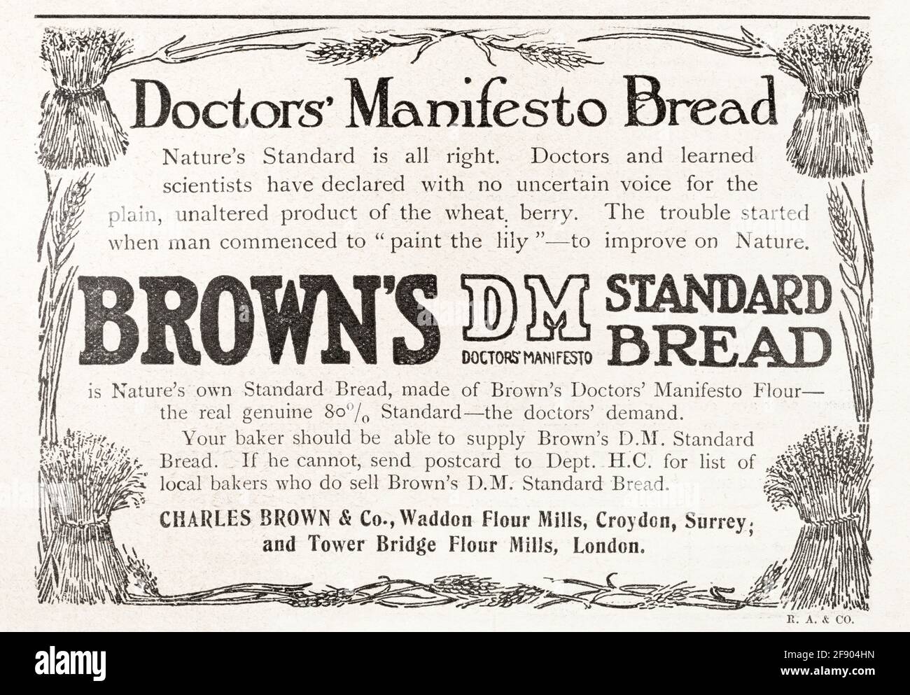 Alte Vintage-Werbung des edwardianischen Magazins Brown's Doctor's Manifesto Bread aus dem Jahr 1911, Standards für die Vorwerbung. Geschichte der Werbung, alte Lebensmittel Stockfoto