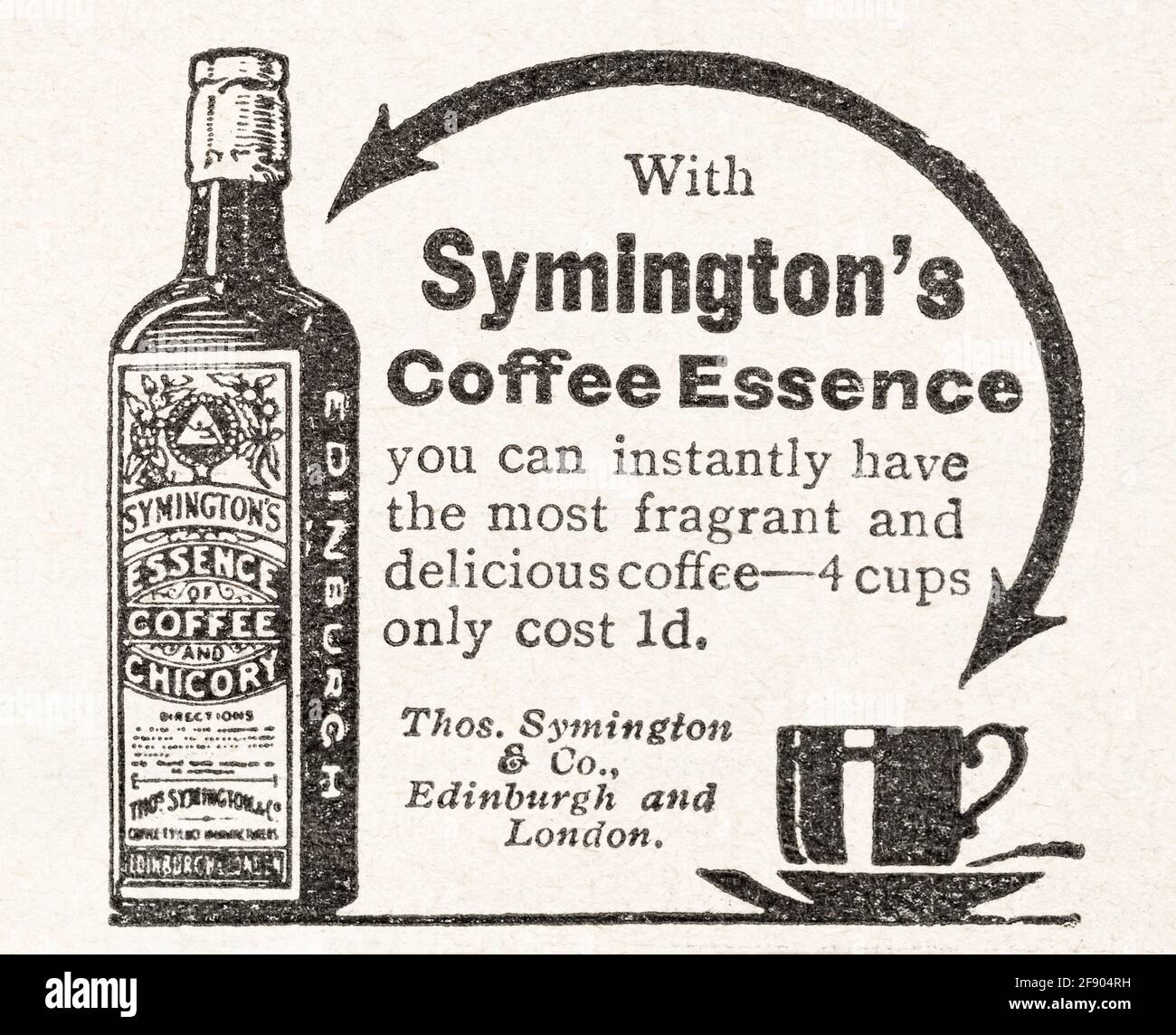 Alte Vintage Edwardian Magazin Anzeige für Symingtons Kaffee Essenz von 1911. Geschichte der Werbung, Geschichte der Kaffeemarken. Stockfoto