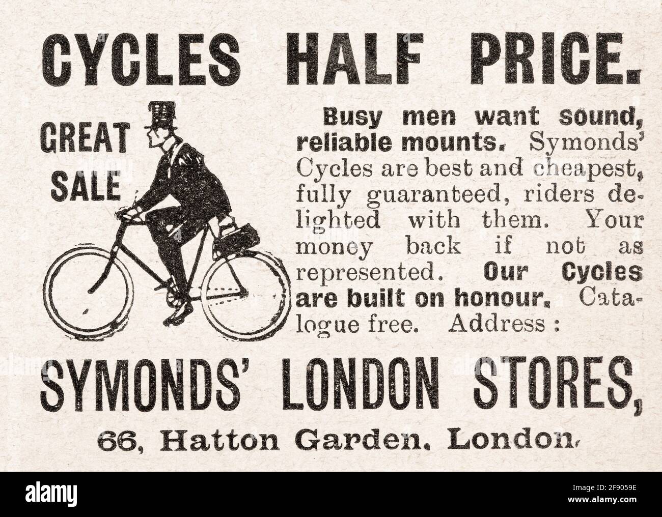 Old vintage Victorian Symonds' Fahrradwerbung von 1902 - Standards für die Vorwerbung. Geschichte der Werbung, alte Anzeigen, Werbungsgeschichte. Stockfoto