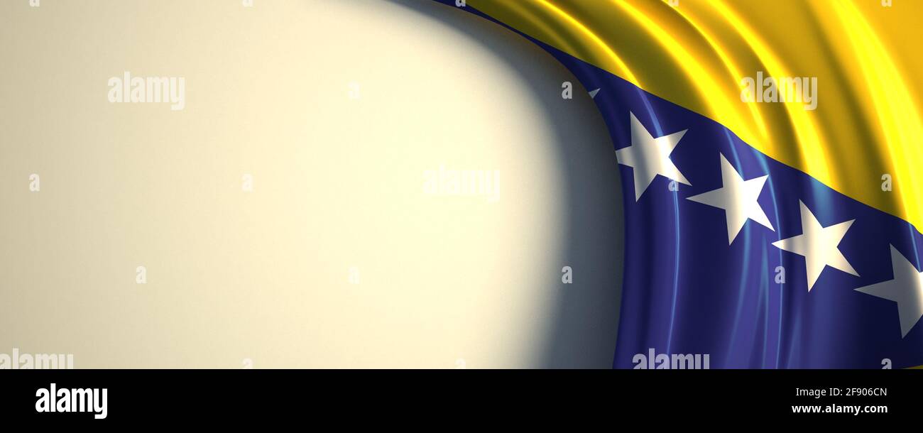 Bosnien und Herzegowina Flagge. 3d-Darstellung der wehenden Nationalflagge mit einem Kopierraum. Flagge der europäischen Länder. Stockfoto