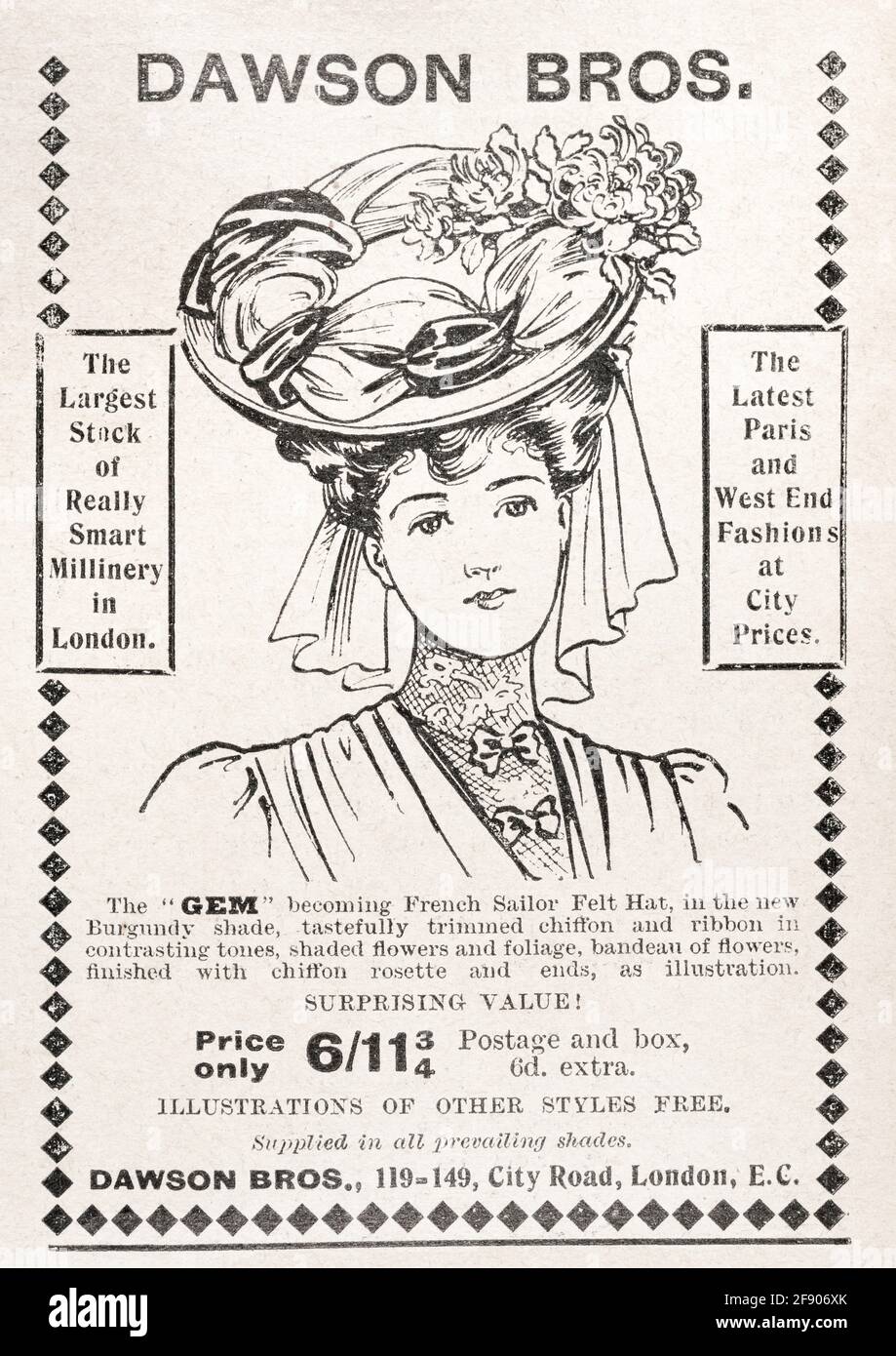 Alte viktorianische Zeitungspapier/Modewerbung aus dem Jahr 1906 - Standards für die Vorwerbung. Werbung für alte Kleidung, Werbung für alte Hutmode. Stockfoto
