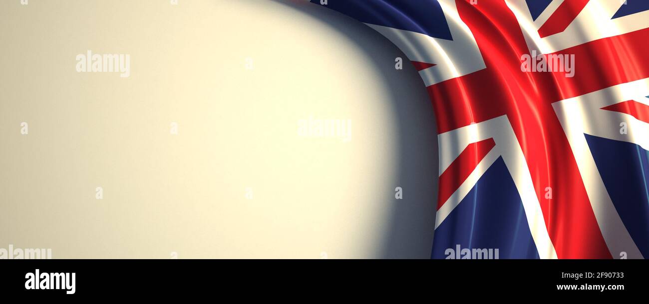 Flagge Großbritannien. 3d-Darstellung der wehenden Nationalflagge mit einem Kopierraum. Flagge der europäischen Länder. Stockfoto