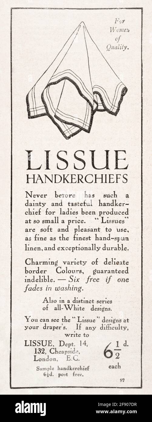 Alte Vintage-Anzeige von Lissue Taschentuch des edwardianischen Magazins Newsprint aus dem Jahr 1911 - vor dem Anbruch der Werbestandards. Edwardianische Mode. Stockfoto
