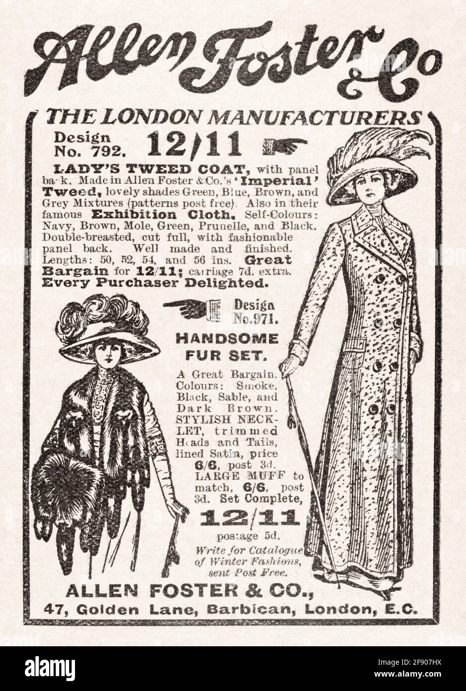 Alte Vintage Edwardian Zeitungsdrucksachen / Mode-Werbung von 1912 - Pre-Werbung Standards. Werbung für alte Kleidung, Allen Foster-Modewerbung. Stockfoto