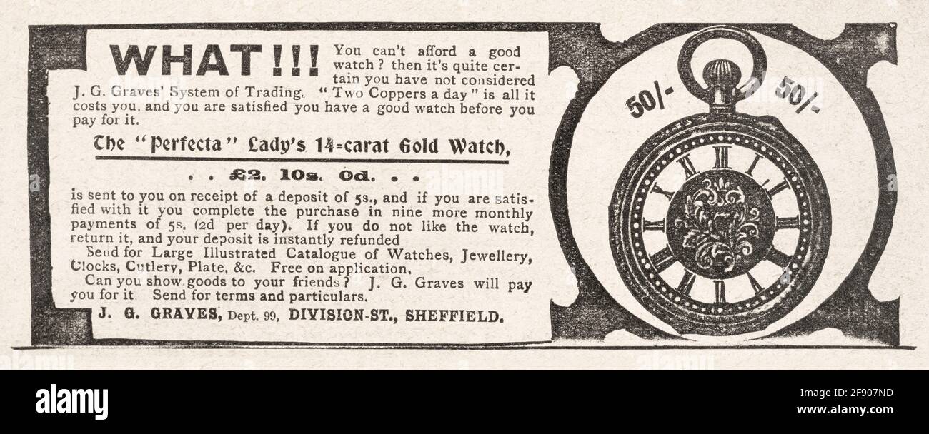 Alte viktorianische Uhrenwerbung aus dem Jahr 1901 - vor dem Anbruch der Werbestandards. Geschichte der Werbung, alte Anzeigen, Werbungsgeschichte. Stockfoto
