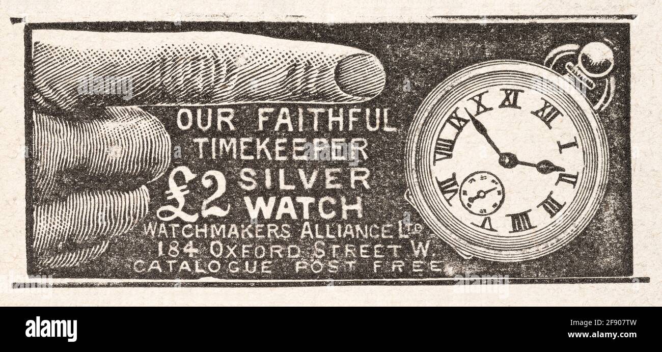 Alte viktorianische Uhrenwerbung aus dem Jahr 1901 - vor dem Anbruch der Werbestandards. Geschichte der Werbung, alte Anzeigen, Werbungsgeschichte. Stockfoto