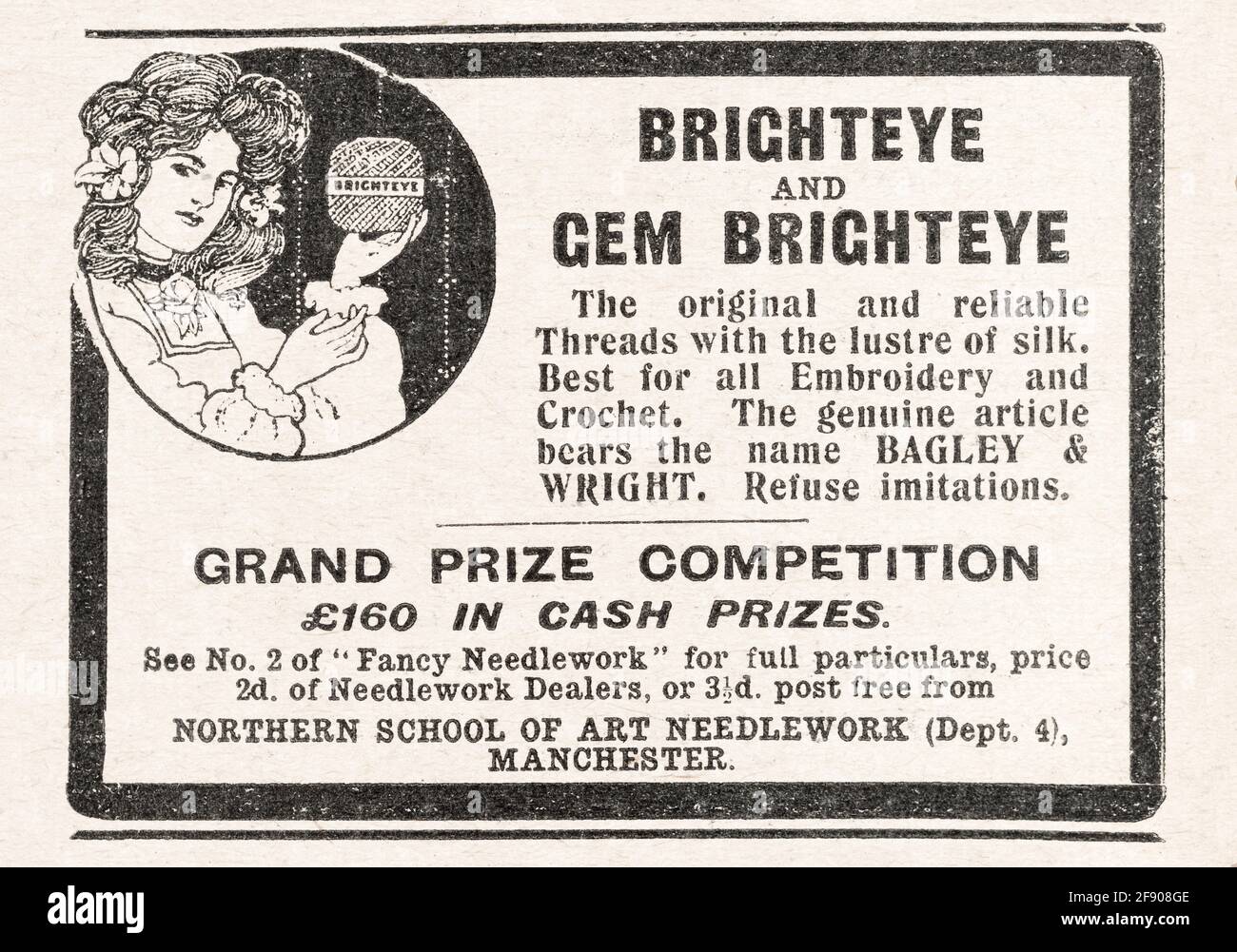 Alte Print-Kleidung näht Werbung aus der viktorianischen Zeit - 1906 - vor dem Anbruch der Werbestandards. Viktorianische Nähwerbung, Werbung für alte Kleidung. Stockfoto