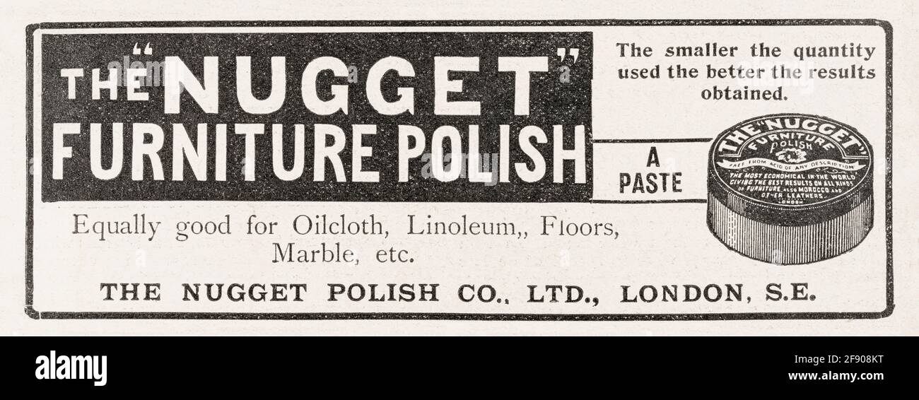Alte viktorianische Zeitschriftenzeitung für Nugget Floor Polish Anzeige von 1907 - vor dem Anbruch der Werbestandards. Viktorianisches Haushaltsleben Stockfoto