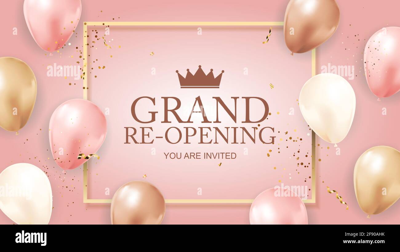 Grand Opening Gratulation Hintergrundkarte mit Ballons. Vektorgrafik Stock Vektor