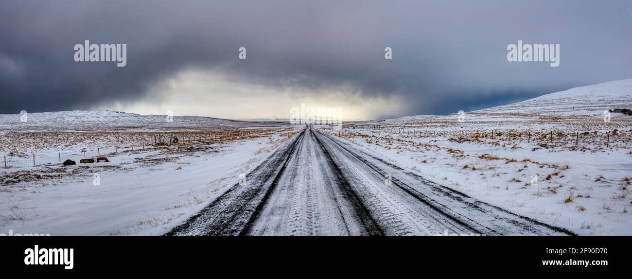 Gerade schneebedeckte Straße und karge Landschaft im Winter, Island Stockfoto