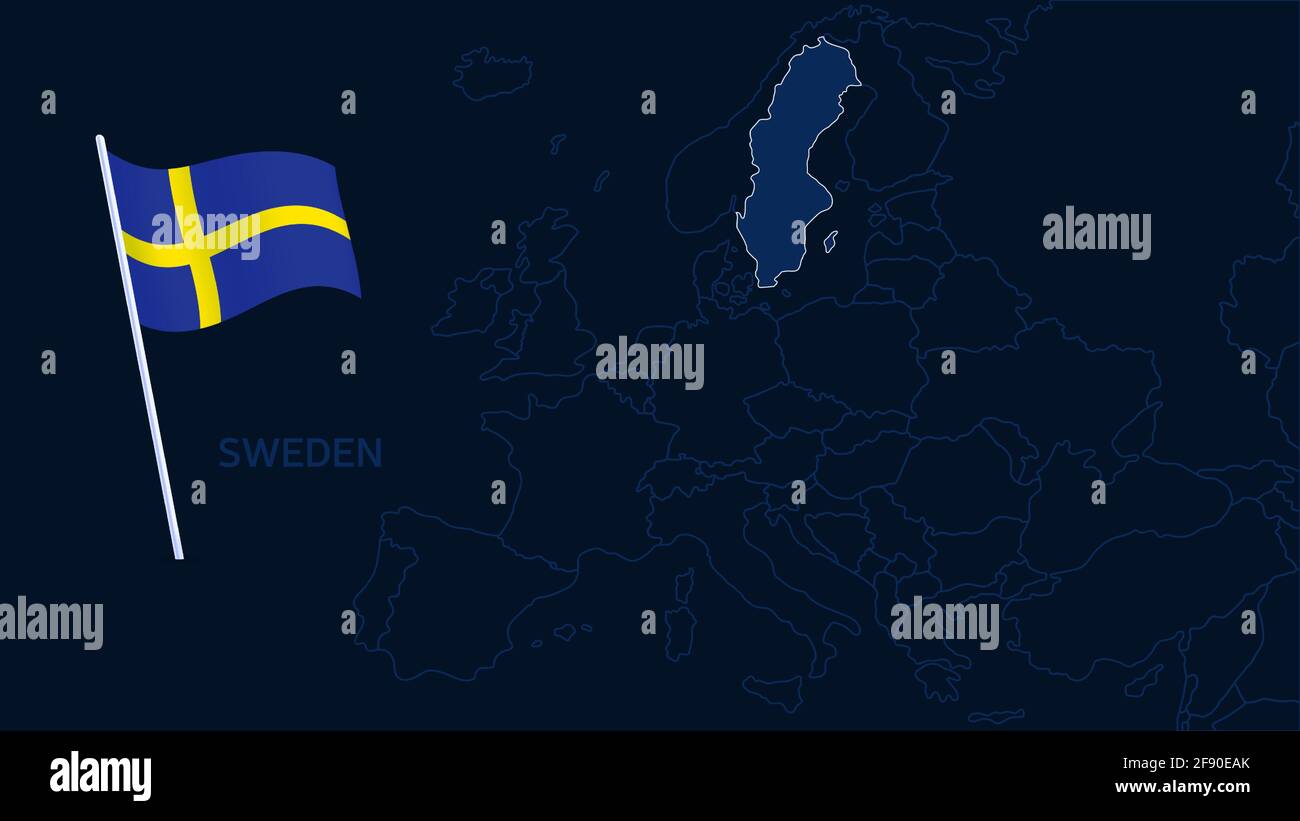 vektorgrafik schweden auf europa. Hochwertige Karte Europa mit Grenzen der Regionen auf dunklem Hintergrund mit Nationalflagge. Stock Vektor