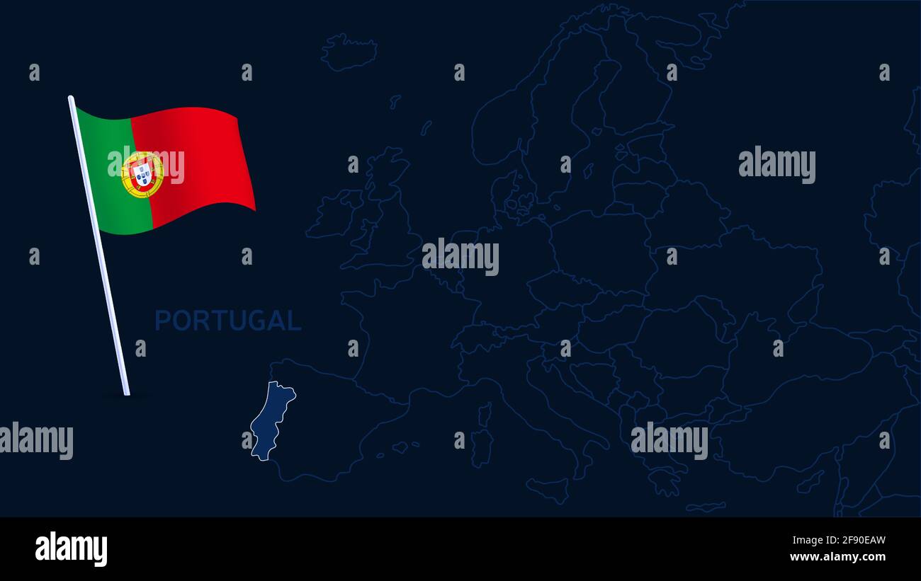vektorgrafik portugal auf europa. Hochwertige Karte Europa mit Grenzen der Regionen auf dunklem Hintergrund mit Nationalflagge. Stock Vektor