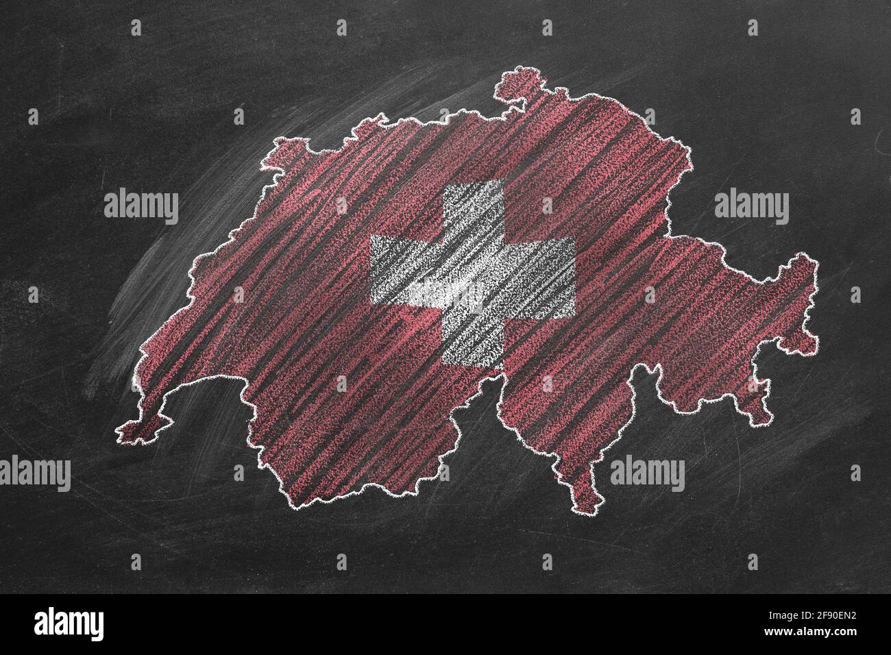 Landkarte und Flagge der Schweiz Zeichnung mit Kreide auf der Tafel. Eine  von einer großen Reihe von Karten und Flaggen verschiedener Länder.  Bildung, tra Stockfotografie - Alamy