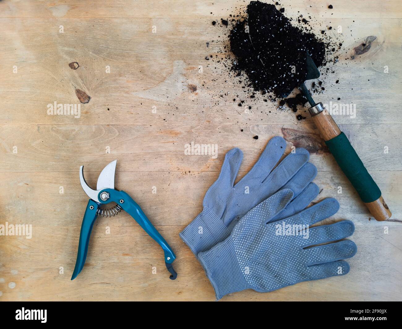 Gartenschere, Handschuhe, Kelle mit Erde auf einem Holztisch, Draufsicht Stockfoto