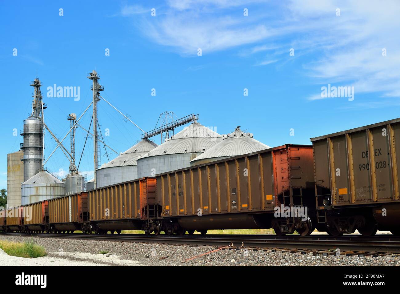 Altona, Illinois, USA. Ein Güterzug der Burlington Northern Santa Fe Railway mit leeren Kohlewagen, der an einer Landwirtschaftsgenossenschaft vorbeifährt. Stockfoto