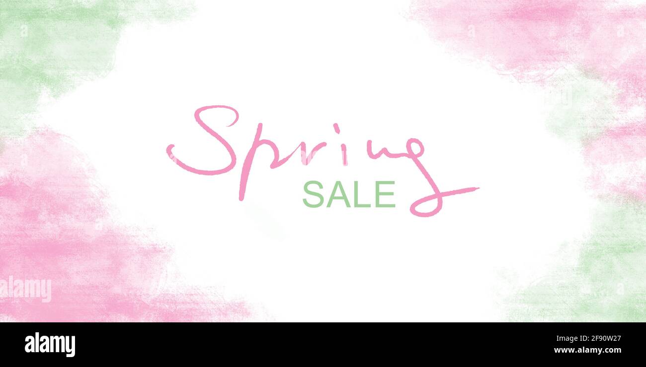 Frühling Sale Banner auf weißem Hintergrund mit rosa grünen Aquarell Rahmen Stockfoto