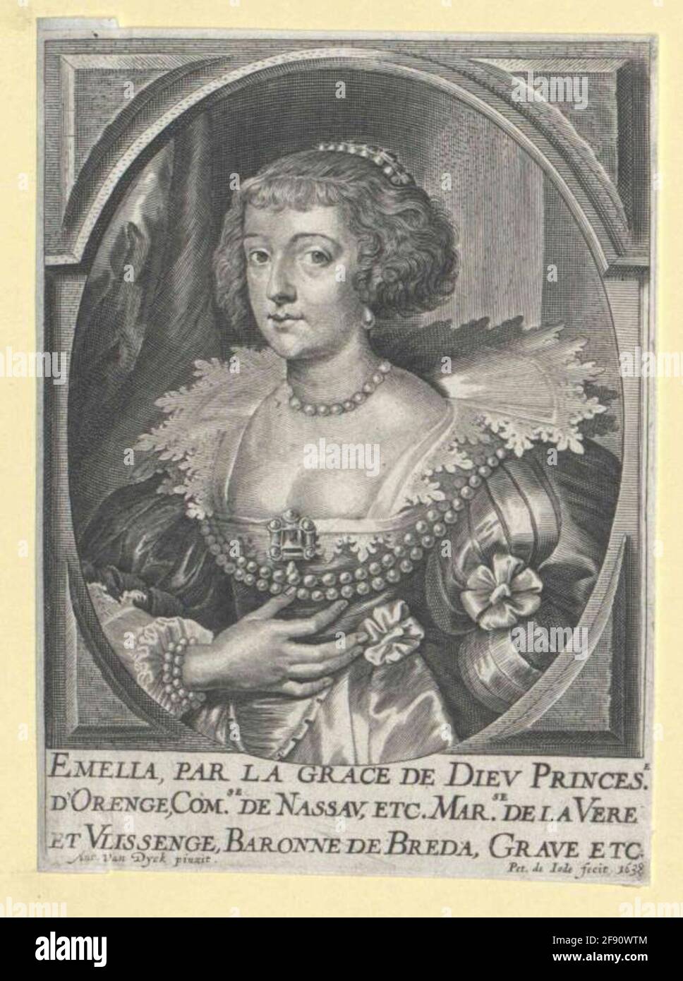 Solms-Braunfels, Amalie Gräfin zu fast angesagtem Stück, halb links; mit perlbesetztem Haarbolzen, Perlenohren und Halskette; im décoleted galak-Kleid mit Spitzenbesatz auf der Expansionsbrust und Ausschnitt mit zentralem Edelstein, Brust und Schultern bedeckt mit zweireihiger Perlenkette, Daumen und Zeigefinger rechts mit zweireihiger Perlenkette. Perlenarmband; Auslaufen der Hüft- und Langstreckendüllen, im Hintergrund rechte Wandkante, linker Seitenreifen; im ovalen Rahmen in rechteckiger Verlängerung mit vier plastisch schattierten Eckstücken; unterhalb der Darstellung dreizeilige FRZ. Legende; beide auf beiden Seiten der Maler und e Stockfoto