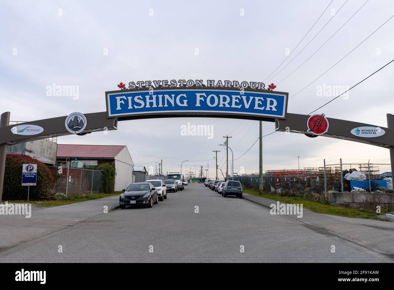 Steveston Harbour Fisherman's Wharf Fishing Forever Gate. Richmond, BC, Kanada. Stockfoto