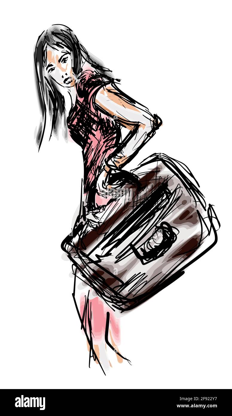 Skizze Porträt eines jungen Mädchens mit Koffer eps10 Vektor-Illustration isoliert auf weißem Hintergrund. Stock Vektor