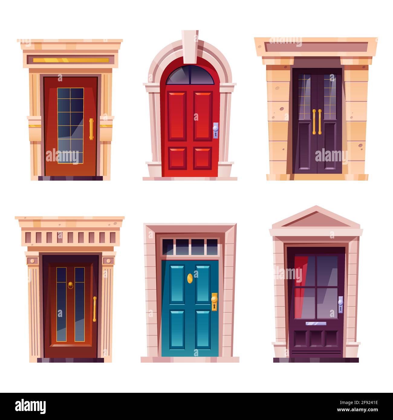 Geschlossene Eingangstüren mit Steinrahmen für die Gebäudefassade. Vektor Cartoon Satz von Haus Eingang, rot, braun und blau Holztüren mit Knöpfen und Fenstern isoliert auf weißem Hintergrund Stock Vektor