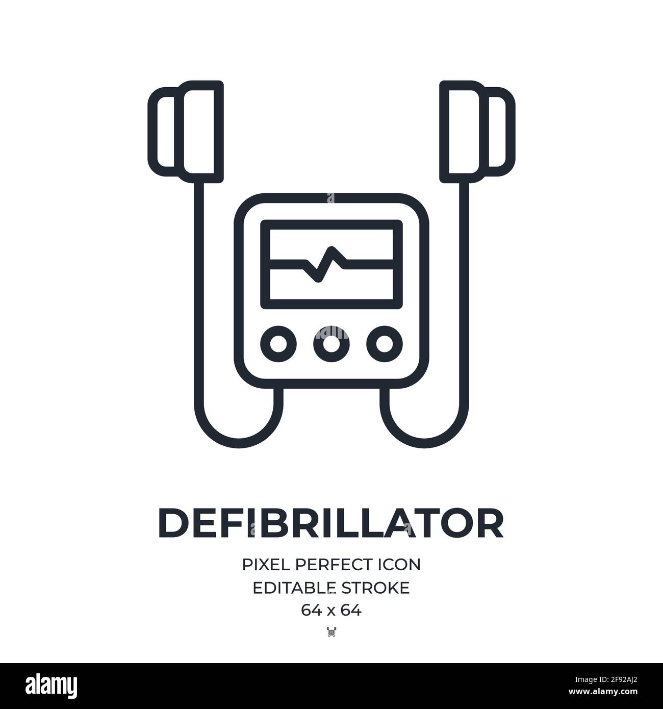 Defibrillator bearbeitbares Kontursymbol isoliert auf flacher Vektorgrafik mit weißem Hintergrund. Pixel perfekt. 64 x 64. Stock Vektor