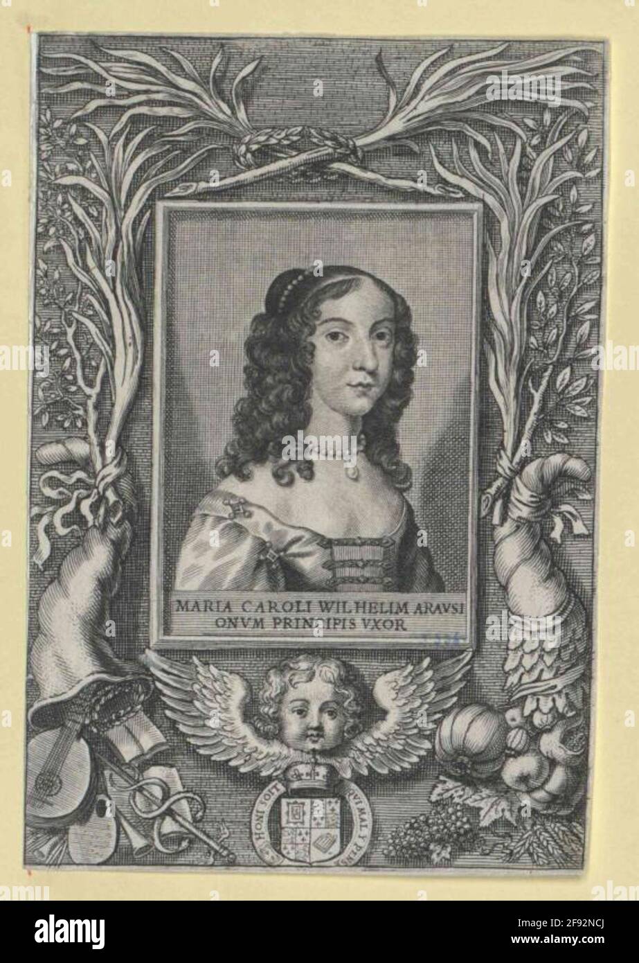 Maria Stuart, Prinzessin von England im Alter von ca. 18 Jahren: Brustbild, Hälfte rechts; mit seitlich gelockerten Haaren, Perlenkette hinter den Hauptknoten; auf der Perlenkette mittig hängender Tropfperle; das am Breamer aus drei Juwelen gehaltene Dekoletkleid; Nähern Sie sich auf der zugewandten Hülse zwei rhombischen Juwelen mit je vier Perlen an den Spitzen; einschließlich zweizeiliger Perlen. Latein. Legende im horizontal geschlüpften Endfeld; in rechteckiger Rahmung, umgeben von gekreuzten Lorbeerkränzen um den Lorbeerkranz, beidseitig mit Palmen- und Lorbeerbästen, jeweils mit zwei nach unten offenen Hebelköpfen, symbolisch Stockfoto