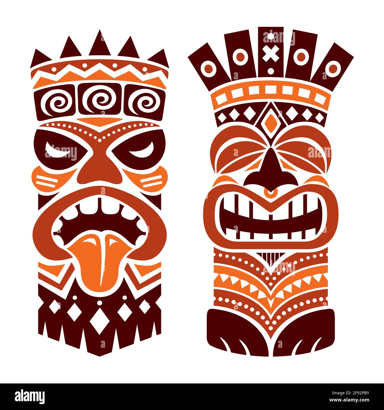Tiki-Statue Pol Totem Vektor-Design - traditionelle Einrichtung aus Polynesien und Hawaii, Stammes Volkskunst Hintergrund in braun Stock Vektor