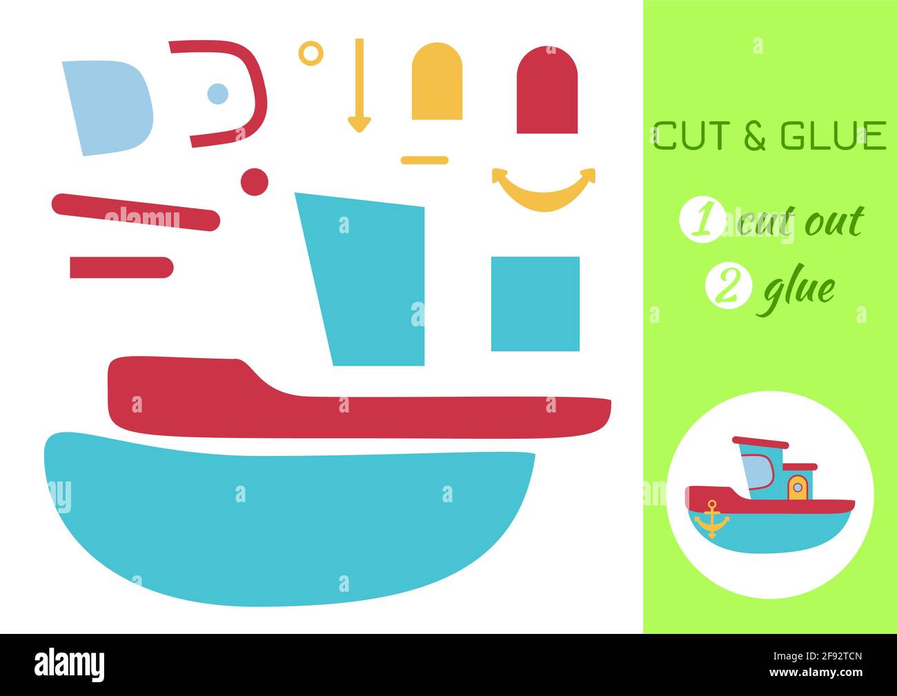Schneiden und kleben Papier Cartoon türkisfarbenes Schiff. Seite „Craft Activity“ ausschneiden und einfügen. Pädagogisches Spiel für Kinder im Vorschulalter. DIY-Arbeitsblatt. Logikspiel für Kinder, Stock Vektor