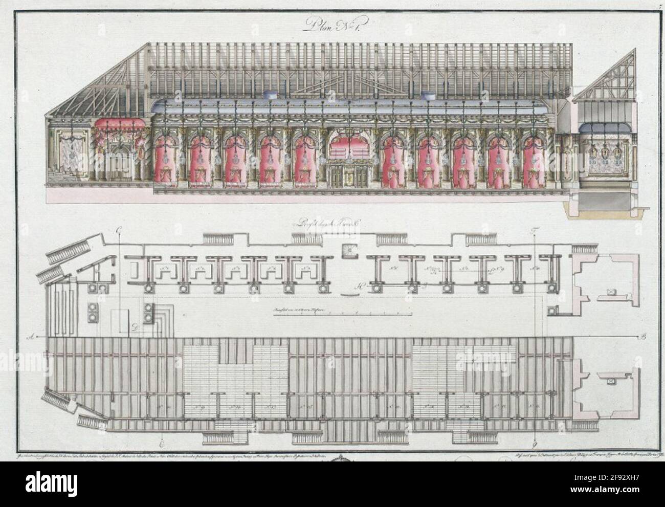 Plan-Nr. 1. Durchschnitt und Grundriß des Saals, den die untreuen Herren des Königreichs Böhmen (um das Volksfest zu veranstalten, das an der Feyer der Krönung ihrer Majestäten des Kaiser Leopold des II. Befestigt war Und seine gründliche Ressource von Kaiser Marie Louise am 12. September 1791) nach Prag) in der Queen Street zum Nationaltheater zu wachsen. Profile et Plan de la Salle Que Les Etats du Royaume de Bohéme ont fait Batir, et Jindre Au Theatre de la Rue Rojale de Prague, Pour Celebrier La Fete Nationale, Qu'ils Thunder Le 12 DE Septembre 1791 Pour Le Couronement der Leurs Majestés L Stockfoto