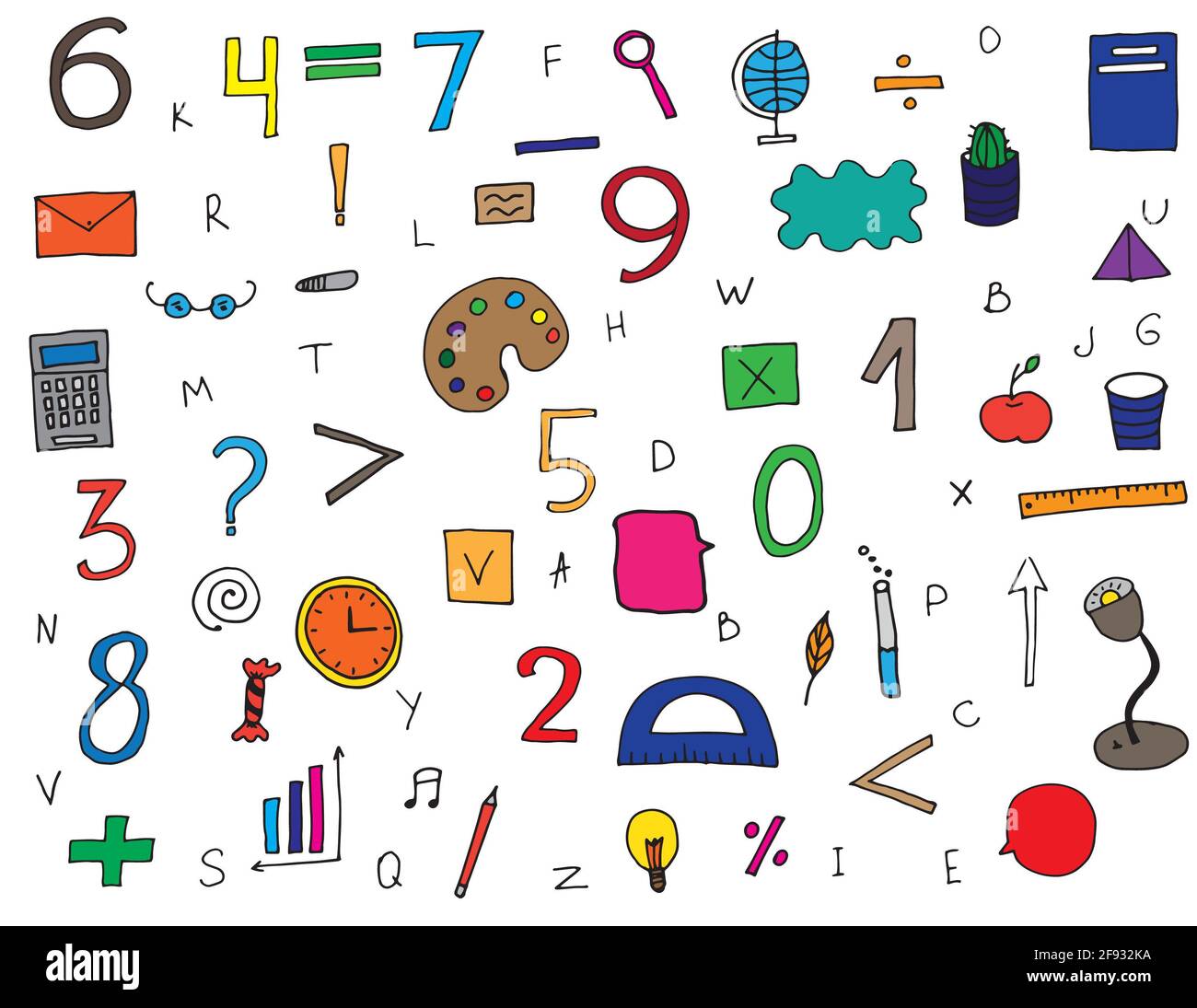 Schule-Werkzeuge Set für physikalische Wissenschaften im Sketch Doodle Stil Stockfoto