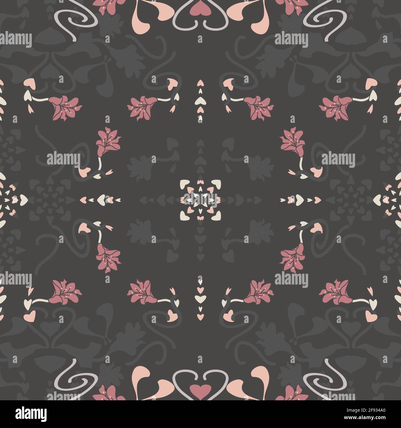 Nahtloses Muster floral mit Lilienblumen und Herzen. Dunkelgrau, rosa, cremefarben elfenbein und pastellorange. Vektor. Stock Vektor