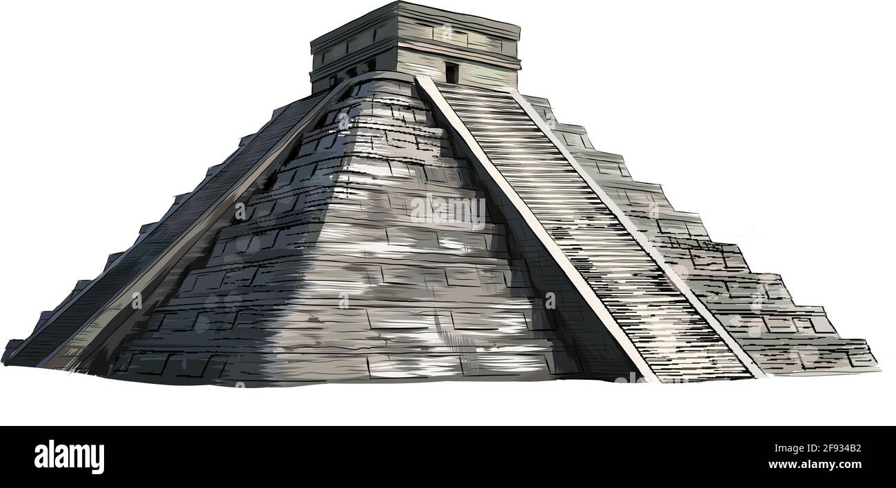 Tempel von Kukulkan, Pyramide in Chichen Itza, Yucatan, Mexiko von einem Spritzer Aquarell, farbige Zeichnung, realistisch. Vektordarstellung von Farben Stock Vektor