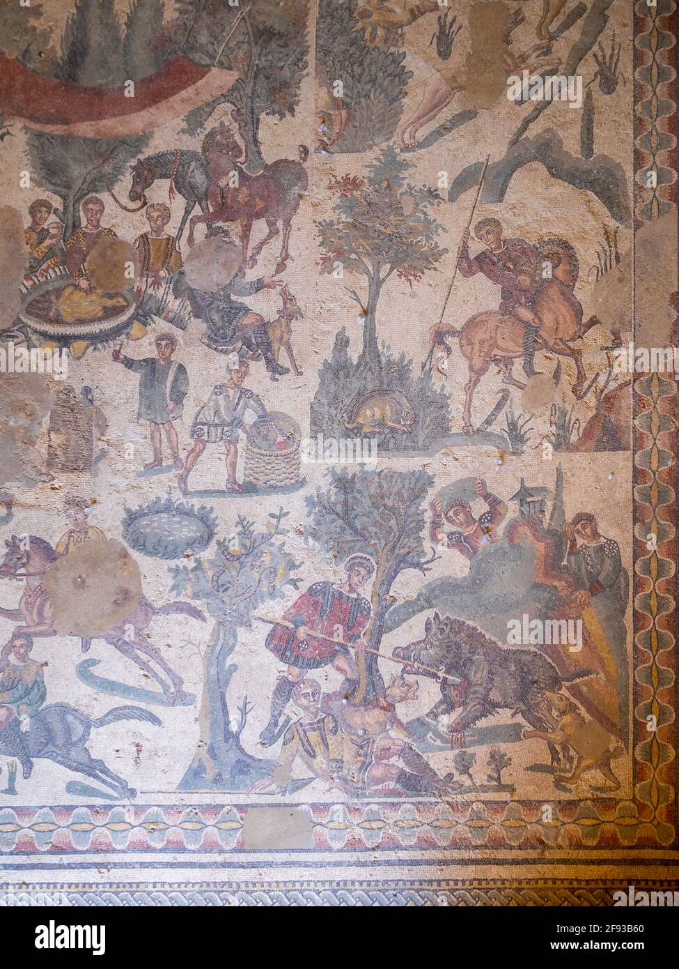 Mosaik aus dem Raum der kleinen Jagd, Villa Romana del Casale Stockfoto