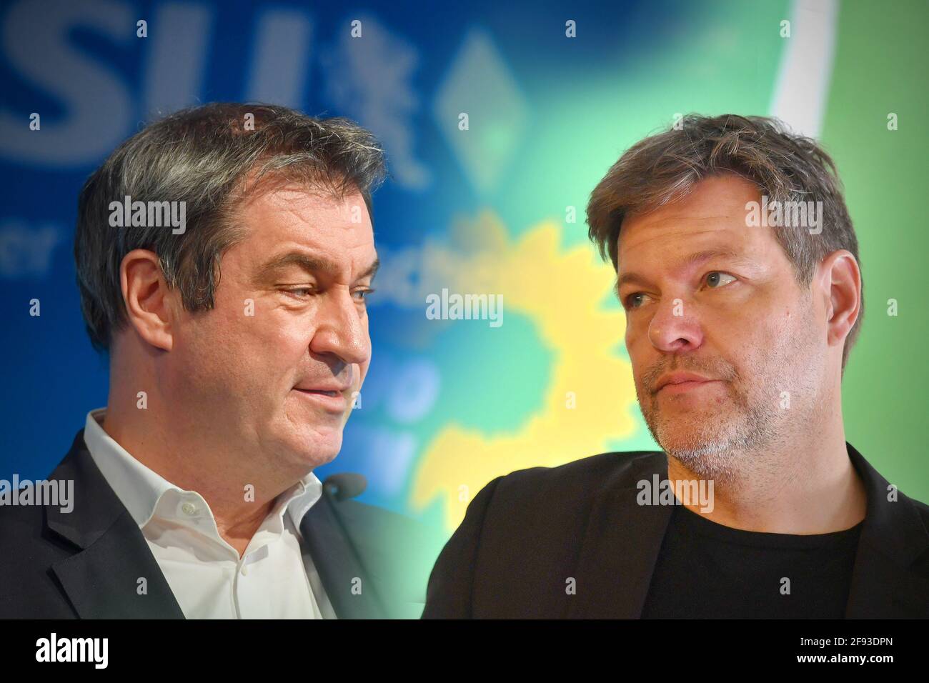 FOTOMONTAGE-Bild Bundestagswahl 2021. Alles kann-nichts-muss-bei einem Kanzlerkandidat von Markus SOEDER (Ministerpräsident Bayern und CSU-Vorsitzender) und Robert HABECK (Buendnis90/die Grünen) könnte es am 26. September zu einem großen Showdown der beiden Parteivorsitzenden kommen. Weltweite Nutzung Stockfoto