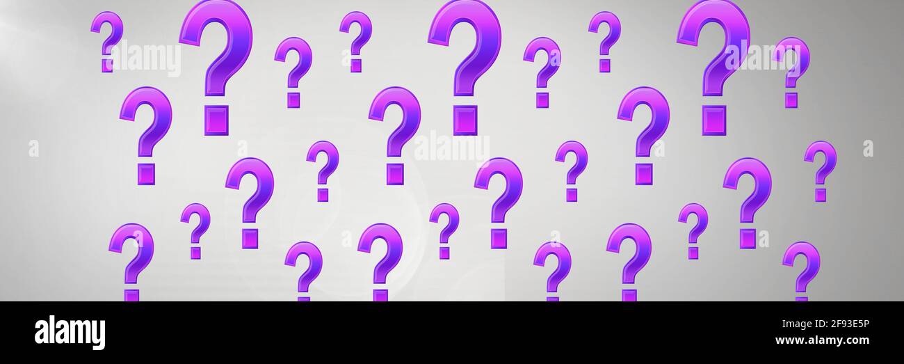 Mehrere violette Fragezeichen vor einem weißen Bürogebäude Hintergrund, abstrakter Text Konzept Stockfoto