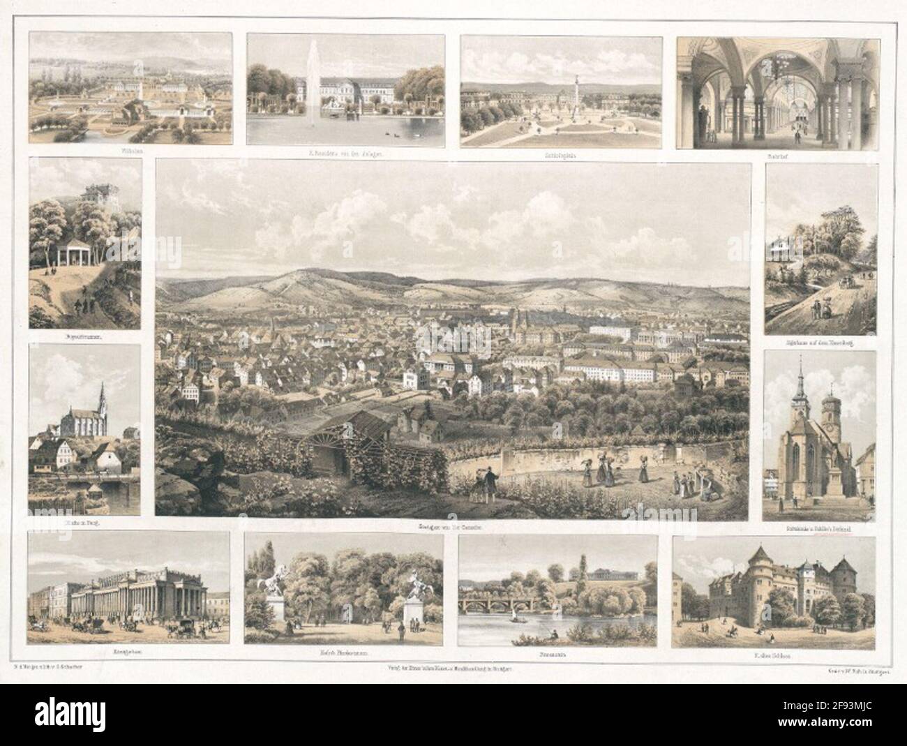 Erinnerung an Stuttgart Sammlungsbild enthält: Mittelbild: Stuttgart von der Ostseite, 12 Wagen: Wilhelma, K. Residenz von den Einrichtungen, Schlossplatz, Bahnhof, Bopserbrunnen, Kirche in Berg, Jägerhaus am Hasenberg, Stiftskirche u. Schillers Denkmal, Königsbau, Hofers Pferdestatuen, Rosenstein, K. Alte Burg Stockfoto