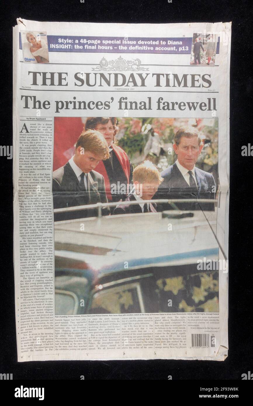 Titelseite der Zeitung The Sunday Times nach der Beerdigung von Diana, Prinzessin von Wales, 6. September 1997 (Papier vom 7. September 1997). Stockfoto