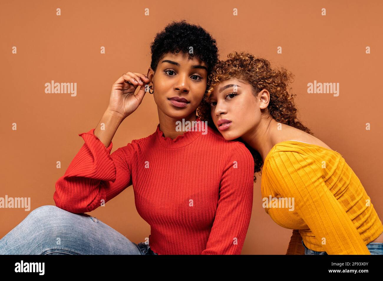 Stock Foto von schönen afro Frauen posiert im Studio vor braunem Hintergrund geschossen. Stockfoto